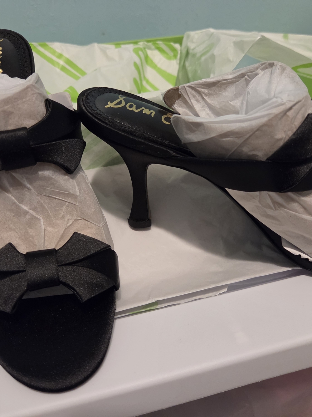 Sam Edelman Black Satin Bow Kitten Heel Mules